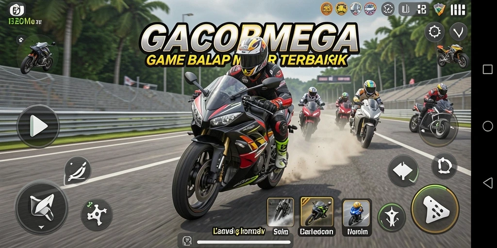 Screenshot gameplay GACORMEGA menampilkan aksi balap motor yang mendebarkan.