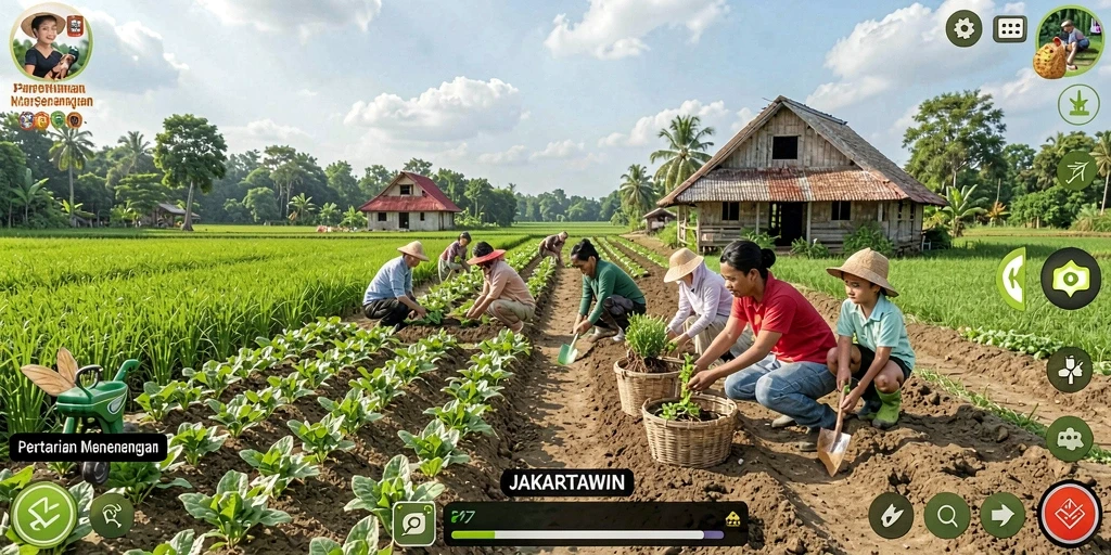 Tampilan gameplay JAKARTAWIN yang menggambarkan aktivitas pertanian.