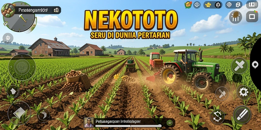 Screenshot gameplay NEKOTOTO menampilkan ladang yang subur dan hewan peliharaan.