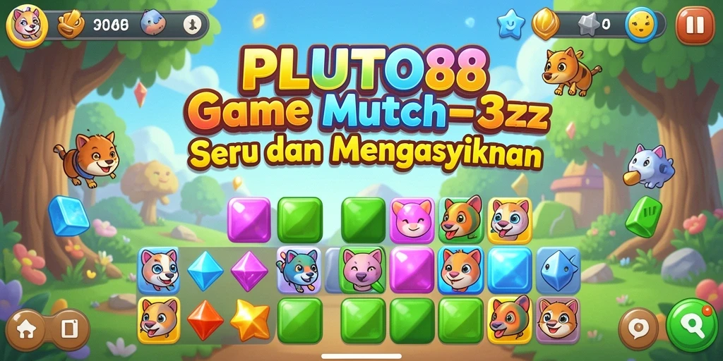 Screenshot menunjukkan gameplay menarik PLUTO88 dengan elemen Match-3 yang colorful.