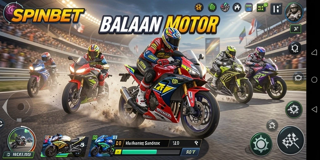 Tampilan gameplay SPINBET yang mendebarkan dan penuh aksi balapan motor.
